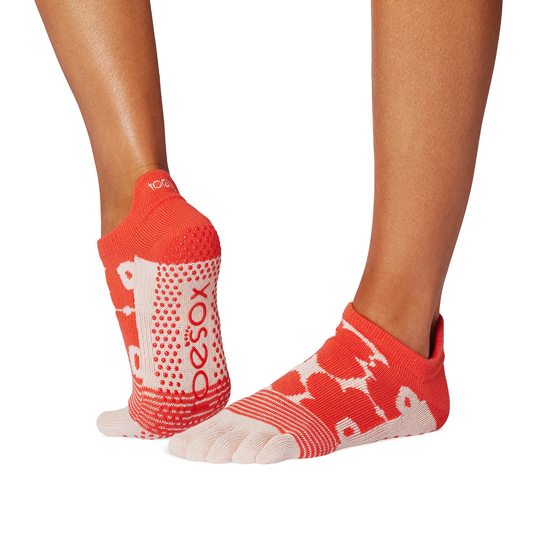 TOESOX Grip Full Toe Low Rise - Hot Coral Floral