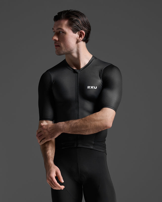 2XU Men's Aero Hex Tri Sleeved Top MT7395A - Black/White