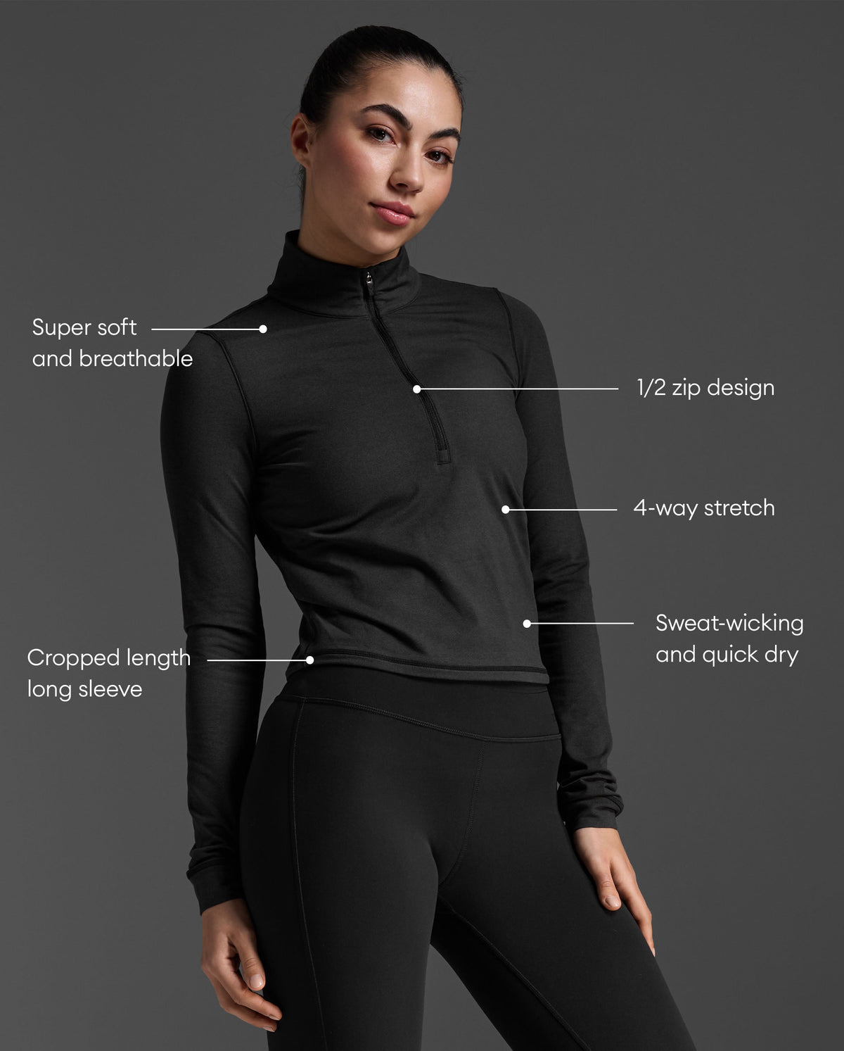 2XU Women's Flex Crop 1/2 Zip Long Sleeve - Black/Black