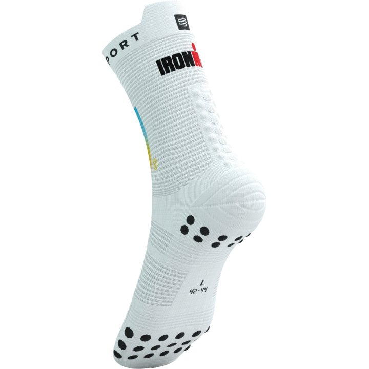 Compressport Unisex's Pro Racing Socks v4.0 Run High 360° print Ironman 2025 L1 - White/Sunrise