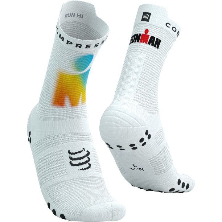 Compressport Unisex's Pro Racing Socks v4.0 Run High 360° print Ironman 2025 L1 - White/Sunrise
