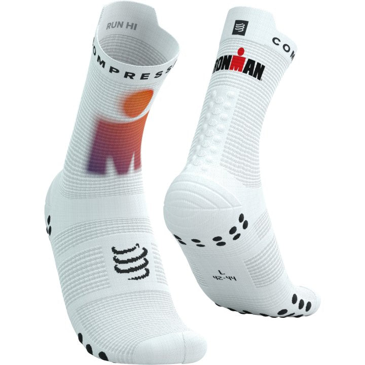 Compressport Unisex's Pro Racing Socks v4.0 Run High 360° print Ironman 2025 L1 - White/Sunset