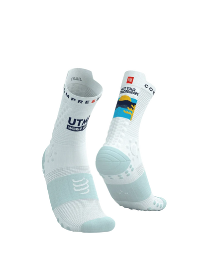 Compressport Unisex's Pro Racing Socks v4.0 Trail 360° print UTMB 2025 L1 - White/Ice Flow