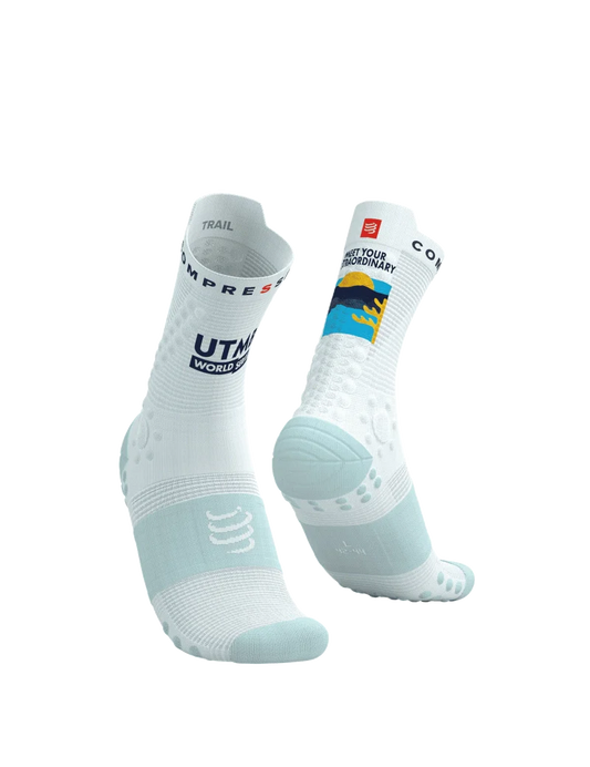 Compressport Unisex's Pro Racing Socks v4.0 Trail 360° print UTMB 2025 L1 - White/Ice Flow