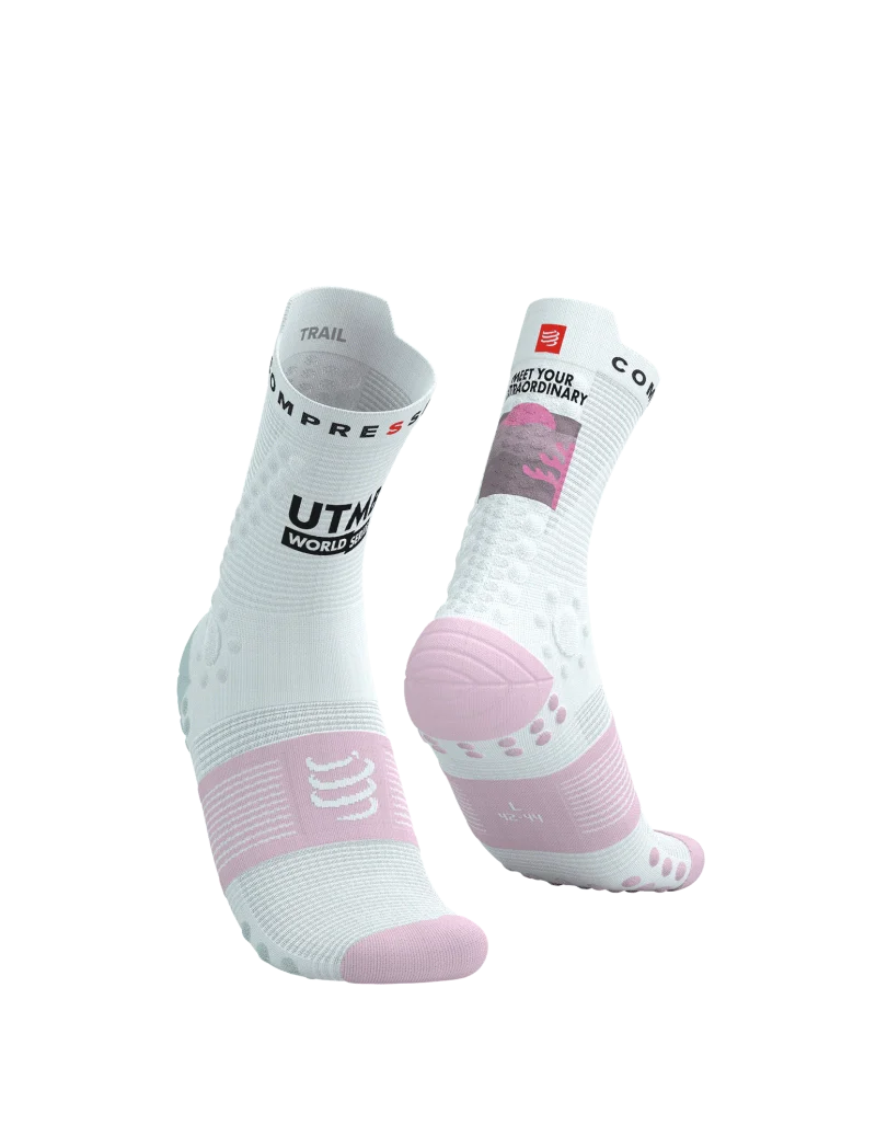 Compressport Unisex's Pro Racing Socks v4.0 Trail 360° print UTMB 2025 L1 - White/Roseate