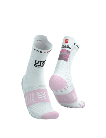 Compressport Unisex's Pro Racing Socks v4.0 Trail 360° print UTMB 2025 L1 - White/Roseate