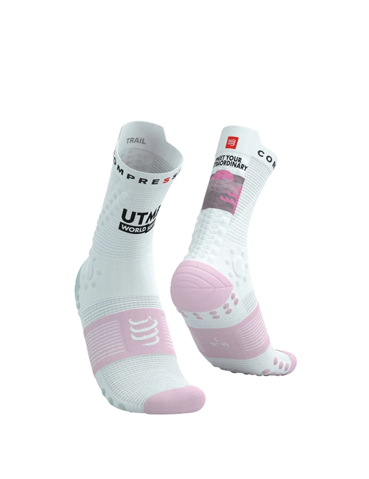 Compressport Unisex's Pro Racing Socks v4.0 Trail 360° print UTMB 2025 L1 - White/Roseate