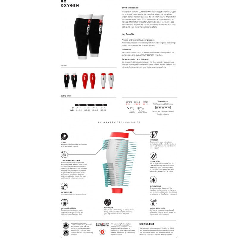 COMPRESSPORT R2 OXYGEN CALF SLEEVES - BLOOD ORANGE